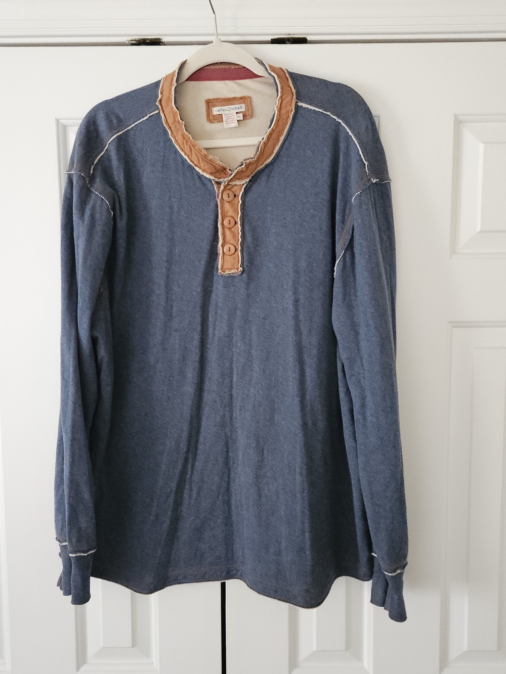 Carbon2Cobalt Kinetic Henley Shirt Mens XL Blue Cotton Distressed Raw Edge LS